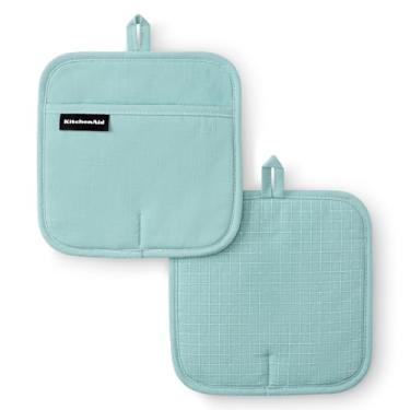 Imagem de KITCHENAID Conjunto de 2 suportes de panela Gridlines da série Gourmet, resistente ao calor de até 315 °C, punho magnético, água mineral aqua, 20 x 20 cm