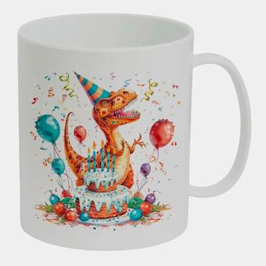 Imagem de Caneca Branca de Polímero 325ml - DINOSSAURO ANIVERSARIO BOLO BALOES 1