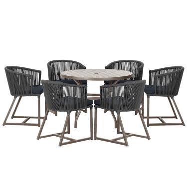 Imagem de Mesa com 6 Cadeiras de Jantar Roma 120cm e Noronha em Alumínio Marrom Corda Náutica Estofado 12 Trama Original