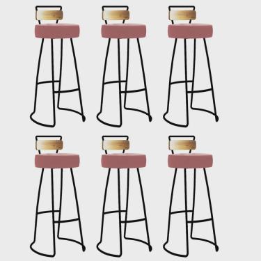 Imagem de Kit 06 Banqueta Alta Alice Bar Balcão Cozinha Com Encosto Madeira Ferro Preto Suede Rose Gold - Ahz Móveis