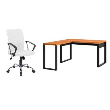 Imagem de Conjunto de Mesa em L Anah Freijó e Preta com Cadeira de Escritório Diretor Giratória Oslo Branca