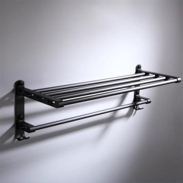 Imagem de Acessórios de banheiro de alumínio, porta-toalhas preto, anel de toalha, suporte para secador de cabelo, suporte para papel higiênico de parede, cesta de sabão, porta-toalhas de 55 cm