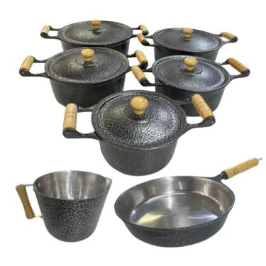 Imagem de Jogo de Panelas Preta em Alumínio Batido Fundido 7 Peças Craquelada Grossa com Tampa de Alumínio