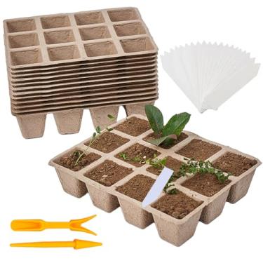 Imagem de Tatibana Bandeja de entrada de sementes de 144 células, 12 pacotes de vasos de turfa biodegradáveis, kit de entrada de plantas germinativas orgânicas com 100 etiquetas brancas e 2 transplantadores de
