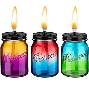 Imagem de Conjunto de 3 peças de tochas de mesa de vidro moldado, multicoloridas, conjunto de tochas de mesa para ambientes externos, kit de maçom com 6 pavios de substituição de velas e 3 tubos de cerâmica