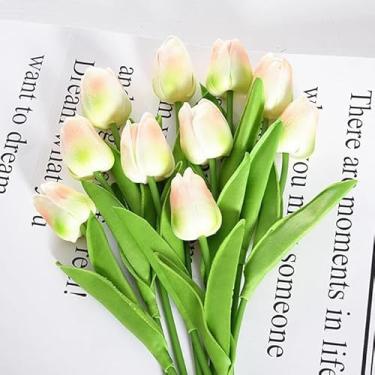 Imagem de SHANJIA Tulipas artificiais, flores falsas, 20 buquês de tulipas artificiais para festa de casamento, casa, escritório, quarto, decoração de hotel e arranjos florais DIY (champanhe verde)