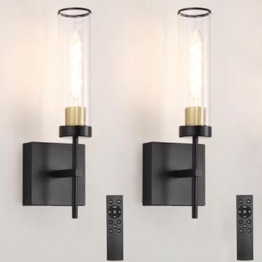 Imagem de Arandela de parede operada por bateria, arandela de parede preta e dourada, moderno conjunto de 2 lâmpadas de parede recarregáveis por USB, luminária de parede regulável sem fio com controle remoto