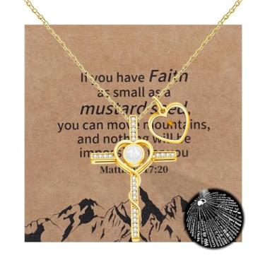 Imagem de Tobestu Colar de cruz de zircônia cúbica com projeção I Love You em 100 idiomas - joia inspiradora de semente de mostarda em forma de coração YA4789, Latão, Zircônia cúbica