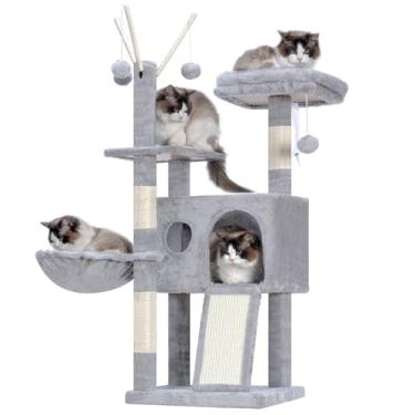 Imagem de Hey-brother Torre de árvore para gatos, postes de arranhar com brinquedos removíveis, condomínio aconchegante, plataforma, rede, prancha de sisal e bola para gatos internos, 105 cm, cinza claro