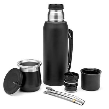 Imagem de BALIBETOV Conjunto completo de erva mate – cabaça mate moderna (266 ml), frasco térmico com 2 bicos (1000 ml), 2 canudos Bombilla – Kit de qualidade premium. Preto