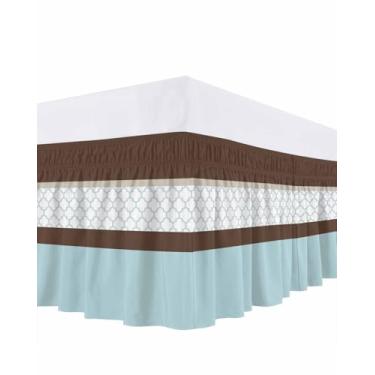 Imagem de Saia para cama queen com listras xadrez vintage, 40,6 cm, elástico, rodapézio, azul, marrom, babados, decoração para cama queen
