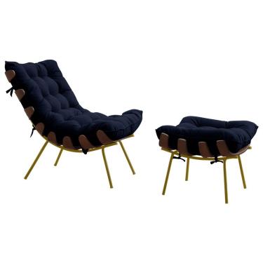 Imagem de Poltrona e Puff Abel Base de Madeira Dourada Veludo Azul