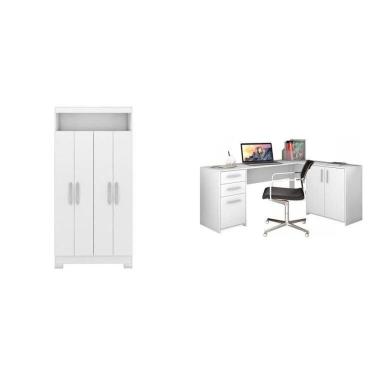 Imagem de Kit para Escritório com 1 Mesa de Canto e Armário Multiuso 4 Portas com Nicho Branco