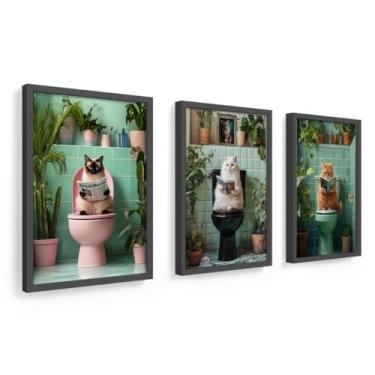 Imagem de kit 3 quadros 18x24 cm gatos banheiro lavabo moldura vidro (Preto)