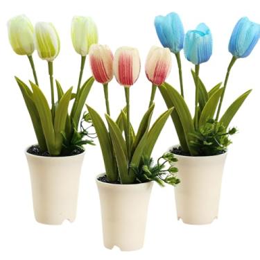 Imagem de Aisamco Pacote com 3 flores artificiais em vaso pequeno, plantas falsas em vaso branco, mini tulipas artificiais em vaso de flores para banheiro, casa, escritório, mesa, prateleira, decoração interna
