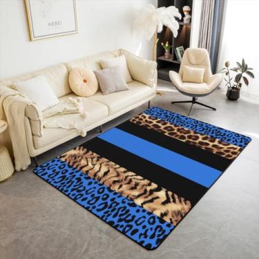 Imagem de Feelyou Tapete de sala de estar com estampa de pele de leopardo para crianças, meninos, meninas, tapete decorativo de safári, zebra, 3 x 5 animais, azul, preto, para decoração de safári