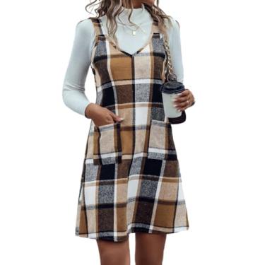 Imagem de IDEALSANXUN Vestido xadrez para mulheres, outono, inverno, sem mangas, xadrez, com bolsos, Marrom novo, M