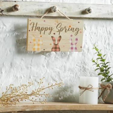 Imagem de VHC Brands Placa de parede Bunny Hop Happy Spring 3 Bunnies in Check MDF com barbante 13 x 23 cm, decoração de primavera, decoração de casa para parede ou porta, decoração de primavera e Páscoa