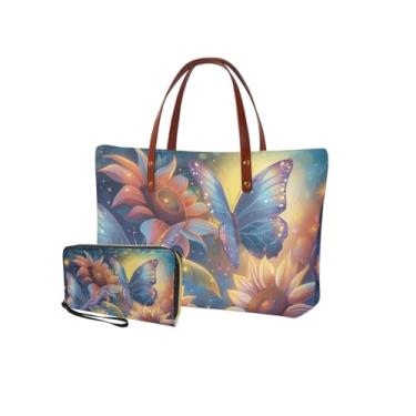 Imagem de Lotusorchid 2 bolsas de mão, bolsa feminina com alça superior, bolsa de ombro, bolsa grande com carteira de poliuretano, Girassol borboleta - azul e rosa, Large