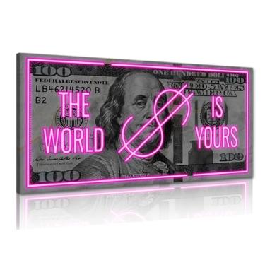 Imagem de Arte de parede de dinheiro em tela preta e rosa decoração de parede com citação motivacional impressões de pôster de notas de 100 dólares arte para sala de estar decoração de escritório emoldurada e