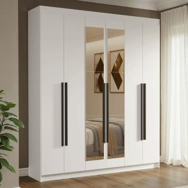 Imagem de Guarda-Roupa Casal 6 Portas Batentes com Espelho Branco/Branco/Preto Venus Madesa
