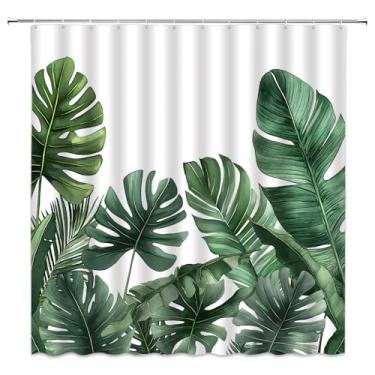 Imagem de WUASDCS Cortina de chuveiro de folha verde tropical verão botânica palmeira Monstera folhas selva aquarela natureza planta floresta tropical decoração de banheiro cortinas de tecido poliéster com