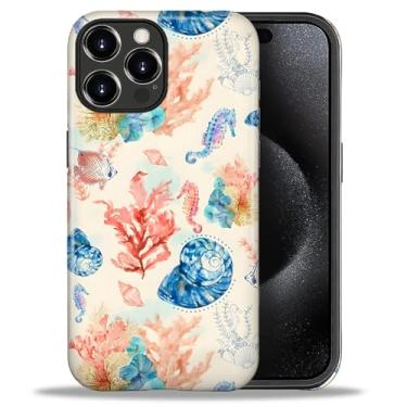 Imagem de Goodsprout Capa para iPhone 15 Pro, capa rígida híbrida de 2 camadas + capa protetora de silicone - resistente a choque - Colagem de concha de cavalo marinho de verão oceano coral peixe