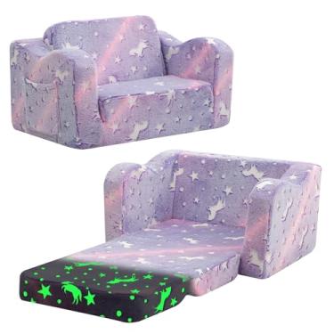 Imagem de MeMoreCool Cadeira infantil confortável de 1 a 3 anos, sofá infantil para sala de jogos, sofá dobrável de unicórnio brilhante conversível, cama reclinável de piso para móveis infantis