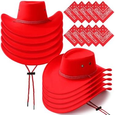 Imagem de Coume Conjunto de 10 chapéus de cowboy e bandana para mulheres e homens, 10 chapéus de caubói de feltro, 10 bandanas ocidentais para festa à fantasia de adultos (vermelho, estilo elegante)