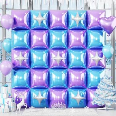 Imagem de 32PCS Blue and Purple Square Foil Balloons Wall with Star Foil Balloon, Double Sided Frozen Snowflake Light Purple Blue Balloon Backdrop Tunnel Arch Kit for Winter Birthdays Under the Sea Theme Decor
