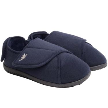 Imagem de Pantufa feminina com espuma de memória 80-D para diabéticos com fechos ajustáveis, largura extra ampla, lã de pelúcia quente com artrite Edema inchada Diabetic House Shoes lavável na máquina com sola antiderrapante, Azul marinho, 10