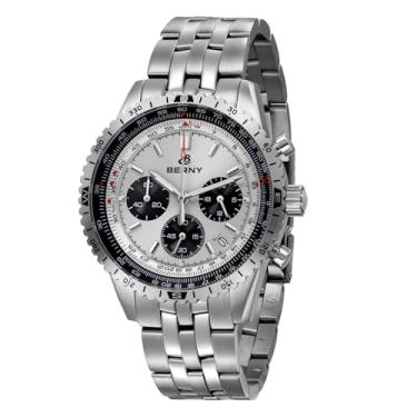 Imagem de BERNY Relógio cronógrafo com taquímetro analógico de quartzo para homens, relógio de pulso masculino de vidro de safira para esportes, relógio de pulso masculino de aço inoxidável com calendário de