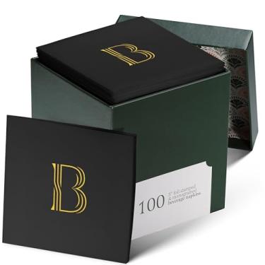 Imagem de Pacote com 100 guardanapos descartáveis de coquetel com monograma, preto, 12,7 cm x 12,7 cm, guardanapos de papel com letra B, guardanapos de bebida brancos iniciais para casamento, festa, bar ou