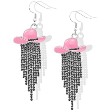 Imagem de RechicGu Western Cowgirl Chapéu Esmaltado Brilhante Strass Borla Brincos Pendentes Baile Country Concertos Rodeio Cowboy Roupas Joias Presente para Mulheres, Zinco, Sem pedra preciosa