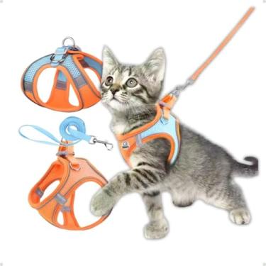 Imagem de Coleira Peitoral com Guia para Gatos e Cachorros – Ajustável, Confortável e Respirável – Segurança e Liberdade em Passeios (Tamanhos PP/P/M/G) (Laranja/Azul, P)