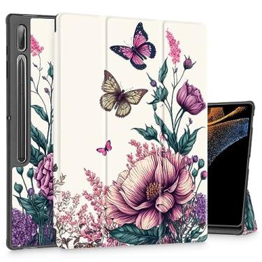 Imagem de Mektron Capa para Samsung Tab S9 Ultra 14,6 polegadas 2023 SM-X910/X916/X918, suporte de lápis embutido com função despertar/hibernar automática, suporte multi-ângulo para Galaxy Tab S9 Ultra 14,6 polegadas, A-Butterfly Flower C077