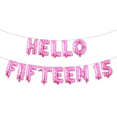 Imagem de Decorações de aniversário de 15 anos para meninas 15º aniversário Hello Fifteen Birthday Party Supplies Número 15 Balões Kit de festa de aniversário de 15 anos para sua menina (HELLO FIFTEEN 15 Pink