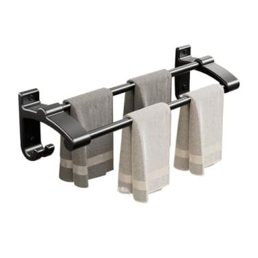 Imagem de Prateleiras de banheiro barra de toalha de banho, gancho de toalha de alumínio espesso com 2 varões de toalha e 2 ganchos, suporte de toalha de parede sem barra de toalha de perfuração, suporte de