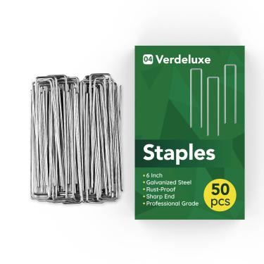 Imagem de Verdeluxe Pacote com 50 grampos de jardim, estacas de jardim galvanizadas em forma de U de calibre 11 de 15 cm, estacas de gramado resistentes para infláveis, tubos de irrigação, cerca, barreira de