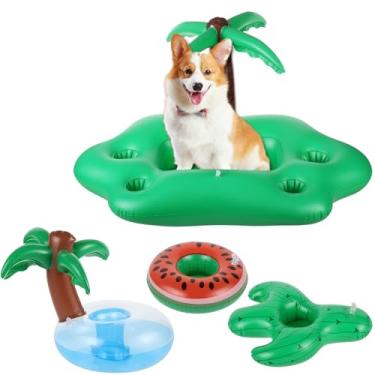 Imagem de Hlimior Conjunto de boias de piscina para cães, boia inflável para animais de estimação com suporte inflável para bebidas, brinquedos aquáticos para cães flutuantes de fácil configuração, boias de