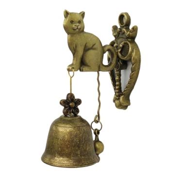 Imagem de YRMLYMOP Campainha de metal vintage figura de animal campainha decorativa em forma de gato decoração sino para quintal ou jardim decorativo estilo retrô adorável sino de mão de gato estilo antigo