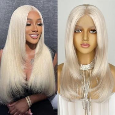 Imagem de CIMITIKI Perucas em camadas cor loira 33 x 10 peruca frontal de renda #613 comprimento do ombro fibra sintética resistente ao calor cabelo pré-arrancado 45,7 cm de comprimento ondulado para mulheres