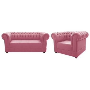 Imagem de Kit Poltrona e Namoradeira Chesterfield Ana Suede Rosa Bebê - Amarena 
