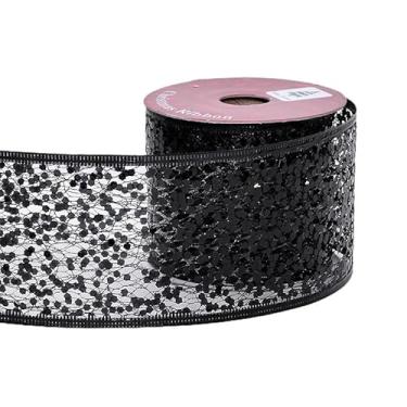 Imagem de YAMA Fita preta para embrulho de presente 6,5 cm 10 metros com glitter diamante borda fita para arcos de árvore de Natal, fazer grinaldas, decoração de casa, artesanato faça você mesmo