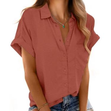 Imagem de Camisa Mintreus com decote em V, manga curta, botões, solta, branca, f