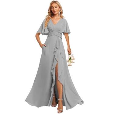 Imagem de Vestido de dama de honra Deamify Plus Size com decote em V e chiffon l