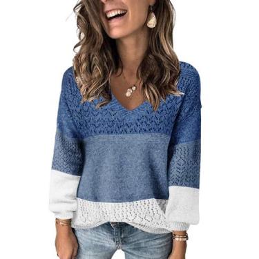 Imagem de Suéter FEKOAFE com decote em V colorido tricotado para mulheres azul X