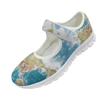 Imagem de JoyLamoria Tênis de caminhada com cavalo de corrida asteca elegante com alça Mary Jane sapatos ajustáveis sapatos descalços femininos EUA 4-9, Mapa Mundial, 6 Wide