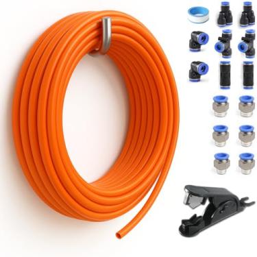 Imagem de Sctihwelire Kit de tubulação de ar PU 10 mm OD x 6,5 mm ID – Mangueira flexível vermelha de 10 m com encaixes de pressão para conectar, cortador de tubo – Kit de linha de ar pneumático para compressor