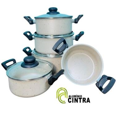 Imagem de Jogo de panelas aluminio grosso antiaderente nude mármore tampa vidro 